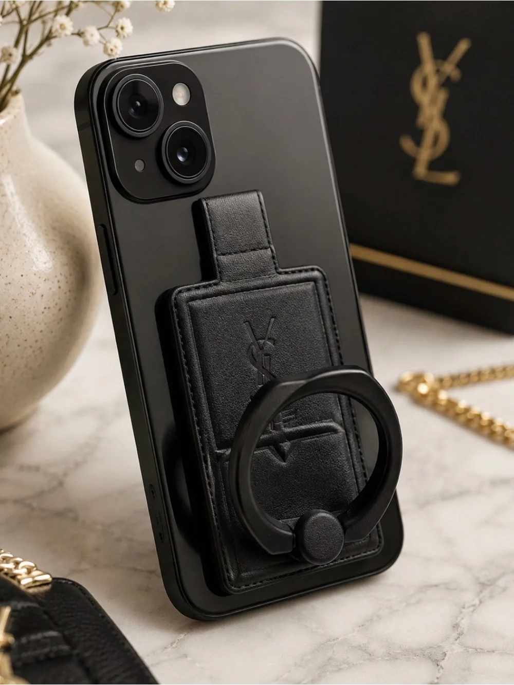 Yves Saint Laurent Black Phone Ring Grip Case Accessory